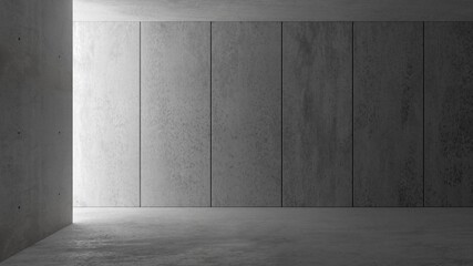 Abstract empty, modern concrete walls room with indirect lit panel backwall from the left and rough floor - industrial interior or gallery background template - obrazy, fototapety, plakaty