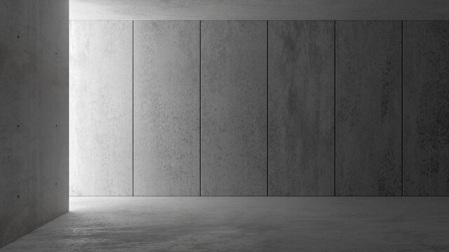 Abstract empty, modern concrete walls room with indirect lit panel backwall from the left and rough floor - industrial interior or gallery background template