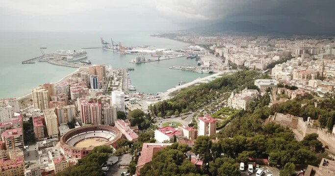 Malaga with Placa de Torros from castle in sunny time. Andalusia, Spain . High quality 4k footage