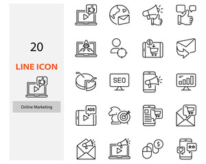 set of online marketing line icons, advertise, seo