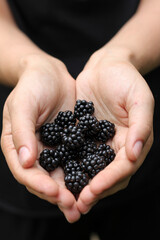 
Girl's hands holding a blackberry in the palms