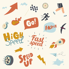 Set of Speed Icons Stopwatch, Wheel and Rocket Emblems for Racing or Rally Event, Internet or Car Speed, Motor Power