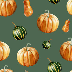 Watercolor hand painted seamless pattern with ripe orange and green pumpkins on grey background. Perfect for creating unique fall, thanksgiving or halloween designs.