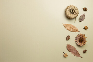 Autumn dry leaves on khaki brown background. flat lay, top view, copy space
