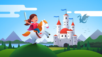 Girl kid medieval horseman knight riding horse - obrazy, fototapety, plakaty