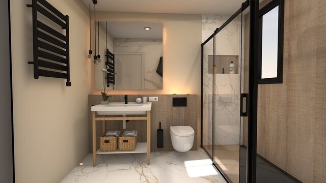 cuarto de ba&ntilde;o con ducha e inodoro suspendido 
