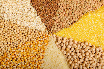 Flat lay view at food background made of legumes cereals and grains