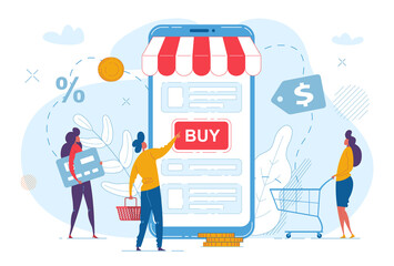 Online shopping. A man and women are standing around a large phone with the text buy. The guy with the shopping cart presses the red button. Vector illustration for landing page, poster or web site.