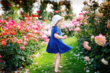 Portrait of little toddler girl in blossoming rose garden. Cute beautiful lovely child having fun with roses and flowers in a park on summer sunny day. Happy smiling baby.