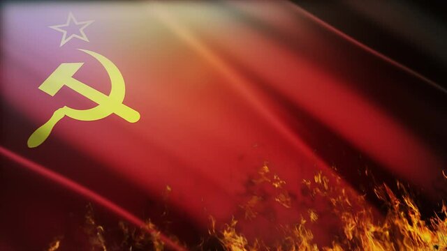 4k Former Soviet Union flag burning slow wrinkles waving with visible wrinkles close up in wind.A fully digital rendering;The 3D animation loops at 40 seconds seamless flame fire blaze background.