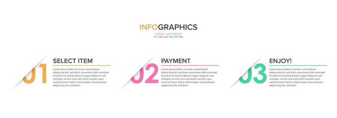 Concept of shopping process with 3 successive steps. Three colorful graphic elements. Timeline design for brochure, presentation, web site. Infographic design layout.