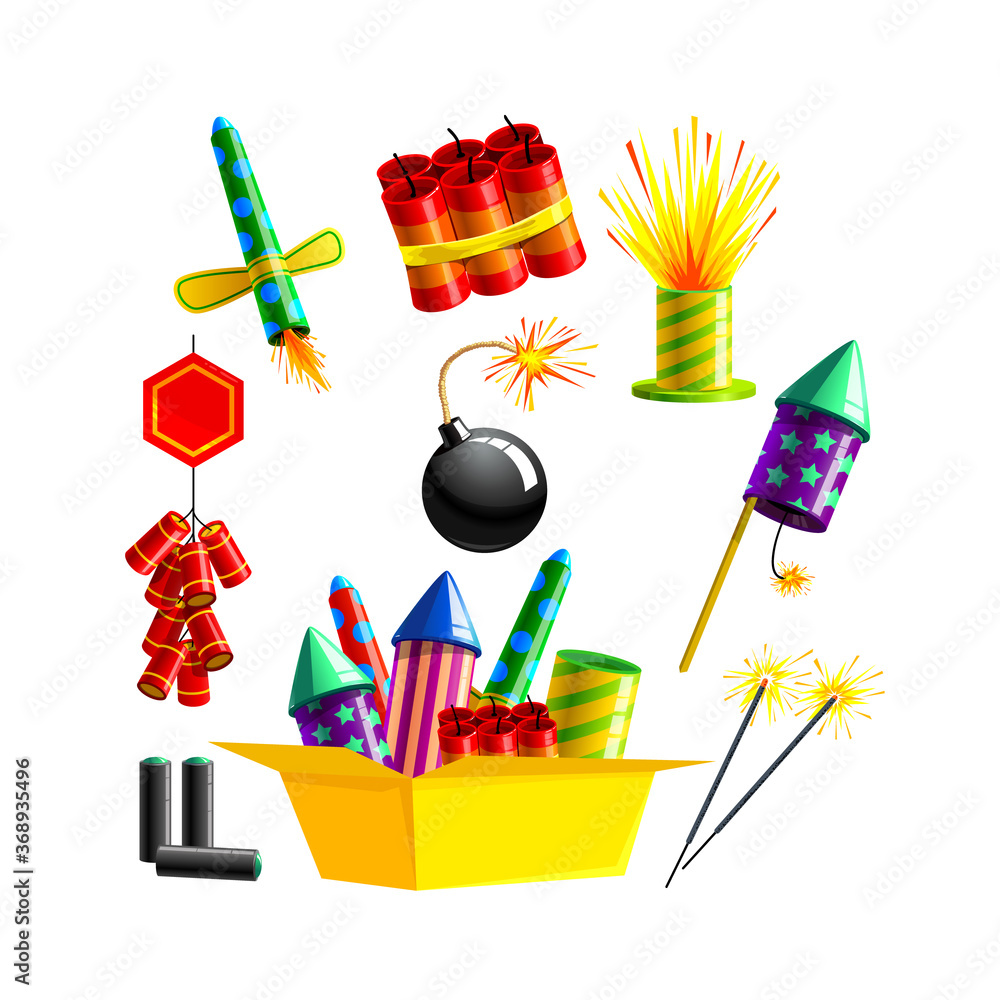 Poster set pyrotechnics and fireworks. rocket and flapper with bomb with burning wick. firework for birthda