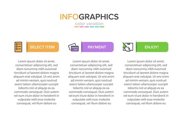 Concept of shopping process with 3 successive steps. Three colorful graphic elements. Timeline design for brochure, presentation, web site. Infographic design layout.