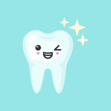 Shiny healthy tooth with emotional face, cute colorful vector icon illustration. Cartoon flat isolated image