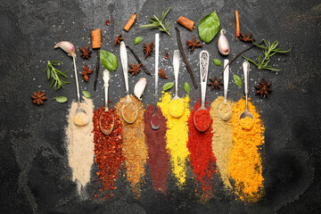 Many different spices on table