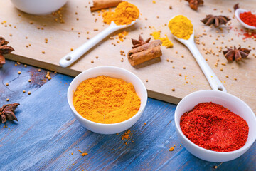 Many different spices on table