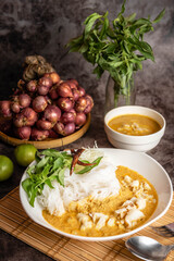 Rice Noodles with Crab Curry and Vegetables.