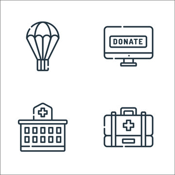 Charity Line Icons. Linear Set. Quality Vector Line Set Such As First Aid Kit, Hospital, Online Donation.