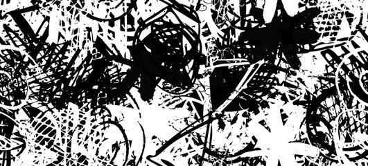 Grunge black and white. Seamless texture. Abstract geometric pattern. Chaos and random. Modern art drawing painting