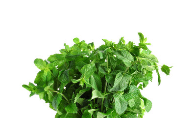 Obraz premium Fresh green mint leaves bunch, aromatic herb for culinary and medicinal uses, isolated on a clean white background
