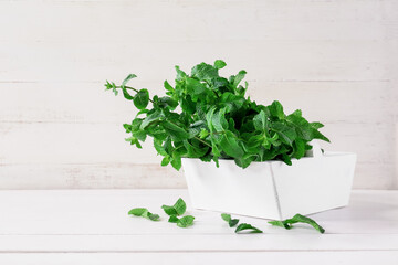 Fresh green mint in basket on white wooden background