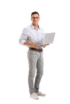 Male Programmer With Laptop On White Background