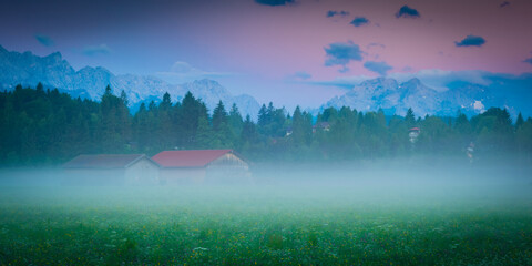 Fototapeta na wymiar Wiese und Wald mit Berge im Nebel - Morgen im Sommer im Karwendel