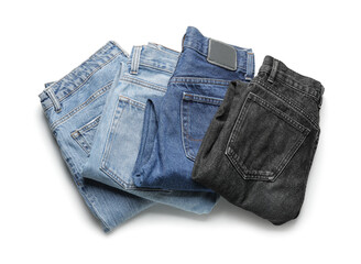 Stylish jeans pants on white background