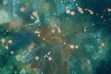Abstract art background dark emerald and blue colors. Watercolor painting on canvas with soft turquoise gradient.