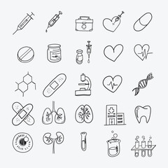 Health vector doodle icons set. Drawing sketch illustration hand drawn line. eps10