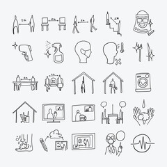 social distancing vector doodle icons set. Drawing sketch illustration hand drawn line. eps10
