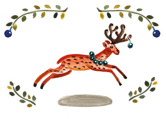 watercolor illustration of deer with Christmas igruschkami and branches