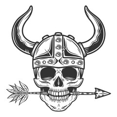 Vintage skull in the viking helmet with arrow in monochrome style isolated illustration