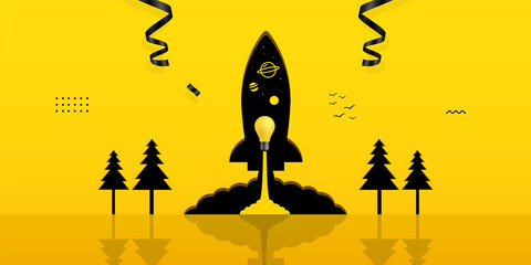 Light bulb launching inside rocket hole on yellow background