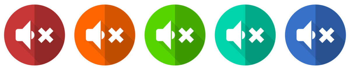 Speaker volume icon set, red, blue, green and orange flat design web buttons isolated on white background, vector illustration