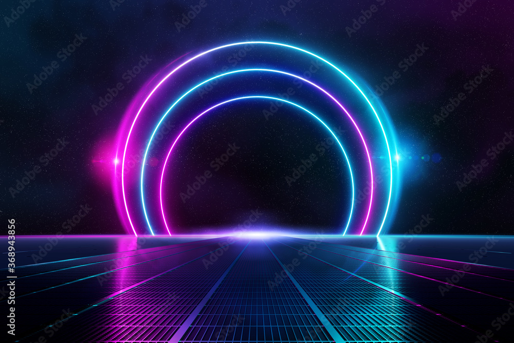 Poster abstract background pathway leading to blue and pink neon light circles reflecting on the floor 3d r