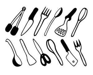 Black and white hand drawn vector doodle illustration with various cooking tools.