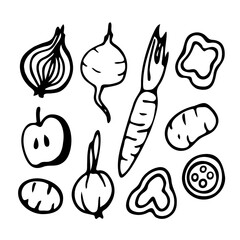 Black and white hand drawn vector doodle illustration with various vegetables and fruits.
