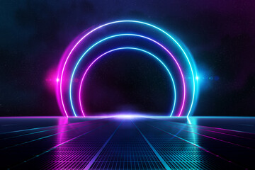 Abstract background pathway leading to blue and pink neon light circles reflecting on the floor 3D rendering
