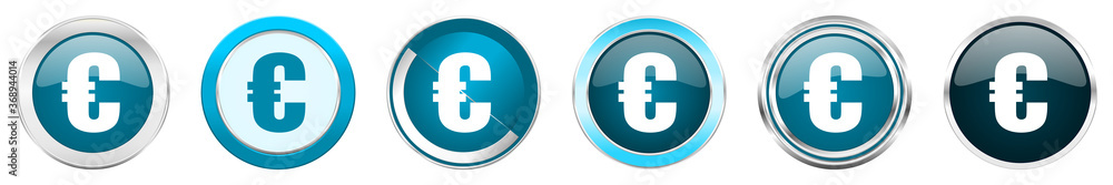 Aufkleber euro silver metallic chrome border icons in 6 options, set of web blue round buttons isolated on whi