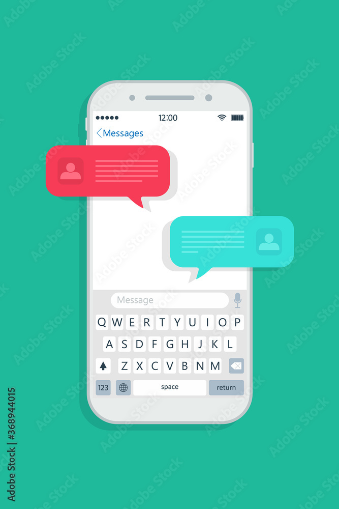 Poster chat message in phone. bubble for text in mobile. chatbot with popup sms in smartphone. notification