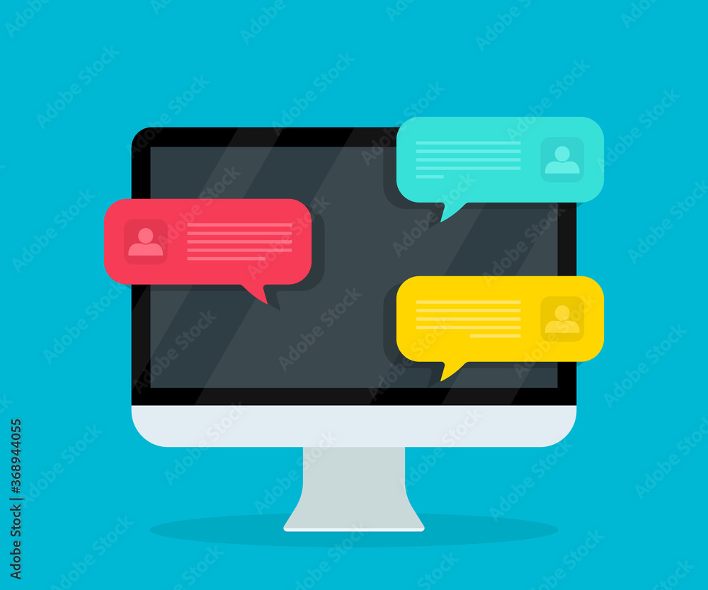 Poster online chat in computer. notification with text for sms app. conversation with help speech bubbles i