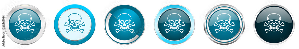 Poster Skull silver metallic chrome border icons in 6 options, set of web blue round buttons isolated on white background