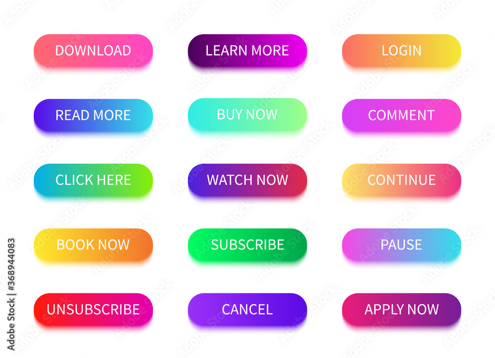 Poster button with web action. gradient bright buttons for download, call, more learn and buy now. ui for g