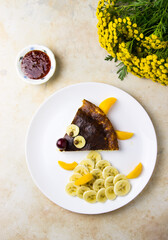 Creative idea for a kids breakfast, fox made from pie and fruit.
 Food art idea. Children, holidays, Easter, healthy, proper nutrition concept. Free space for text. Baby food. Food art for children
