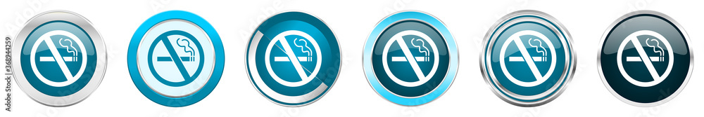 Poster no smoking silver metallic chrome border icons in 6 options, set of web blue round buttons isolated 