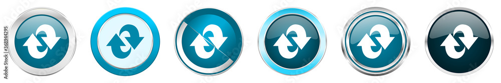 Poster Rotation silver metallic chrome border icons in 6 options, set of web blue round buttons isolated on white background
