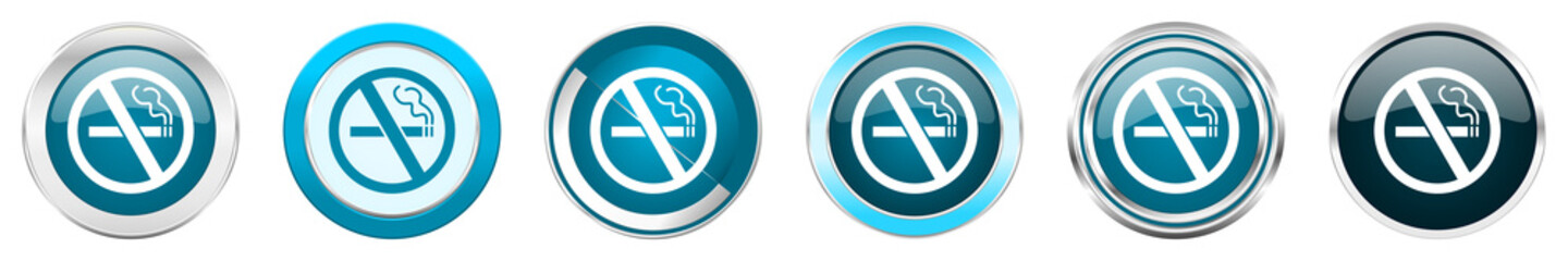 No smoking silver metallic chrome border icons in 6 options, set of web blue round buttons isolated on white background