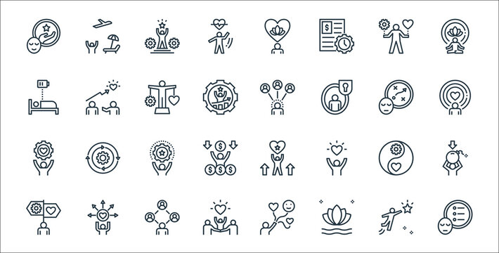 Work Life Balance Line Icons. Linear Set. Quality Vector Line Set Such As Priority, Harmony, Family, Guidance, Wellness, Skill, Spirit, Relationship, Coaching.