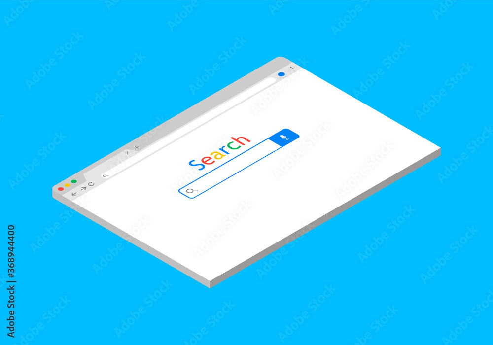 Poster browser isometric window. search bar in computer. internet page with interface. web site on blank sc